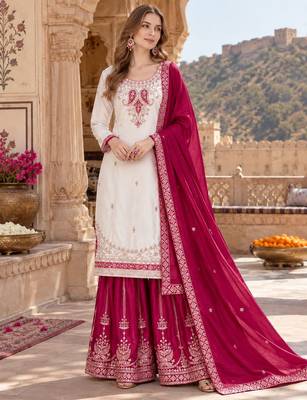 White & red silk blend readymade suit with embroidery & mirror work 1