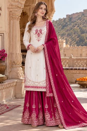 White & red silk blend readymade suit with embroidery & mirror work