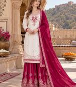 White & red silk blend readymade suit with embroidery & mirror work