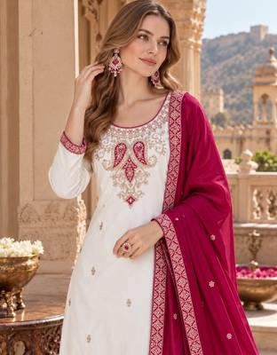 White & red silk blend readymade suit with embroidery & mirror work 2