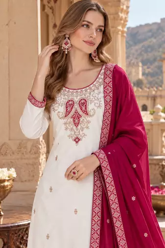 White & red silk blend readymade suit with embroidery & mirror work