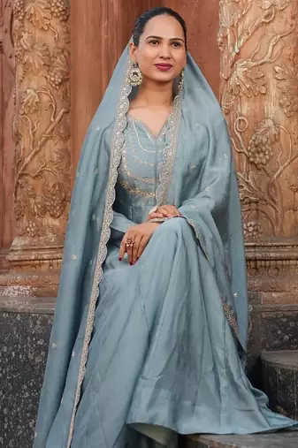 Blue embroidery vichitra silk kurta with pant and dupatta