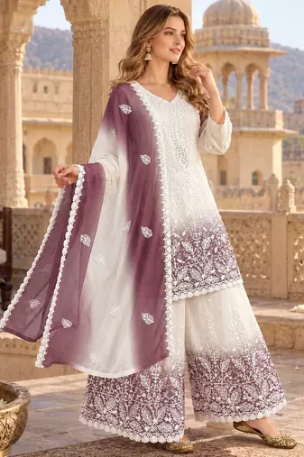 White & lavender faux georgette readymade suit with embroidery & diamond work