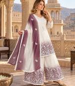 White & lavender faux georgette readymade suit with embroidery & diamond work