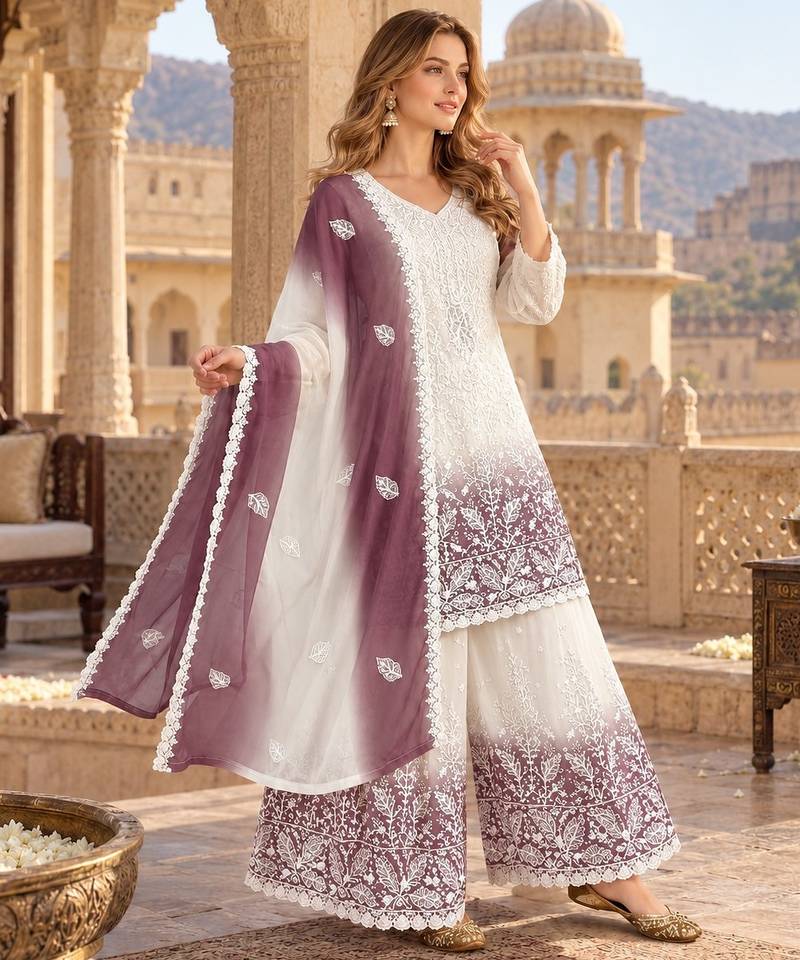White & lavender faux georgette readymade suit with embroidery & diamond work