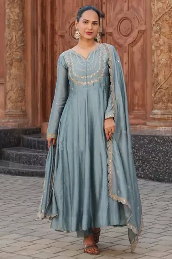 Blue embroidery vichitra silk kurta with pant and dupatta
