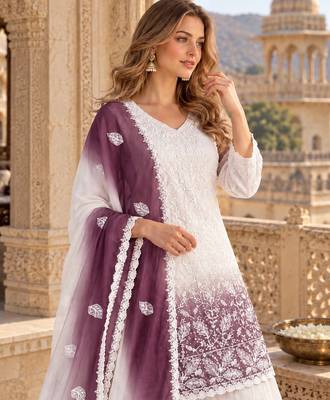 White & lavender faux georgette readymade suit with embroidery & diamond work 2