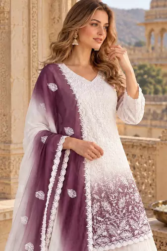 White & lavender faux georgette readymade suit with embroidery & diamond work