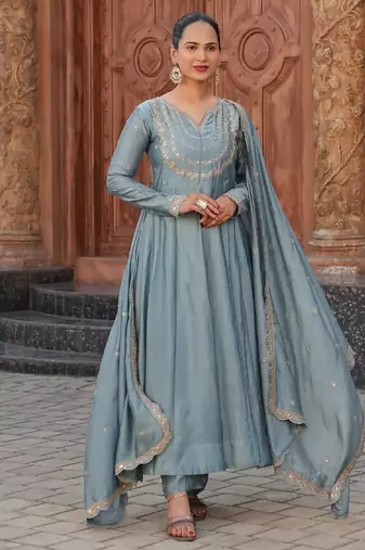 Blue embroidery vichitra silk kurta with pant and dupatta