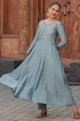 Blue embroidery vichitra silk kurta with pant and dupatta