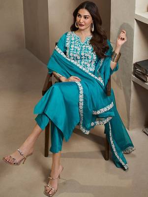 Blue embroidery silk blend kurta with pant and dupatta 1
