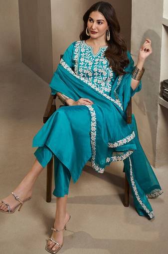 Blue embroidery silk blend kurta with pant and dupatta