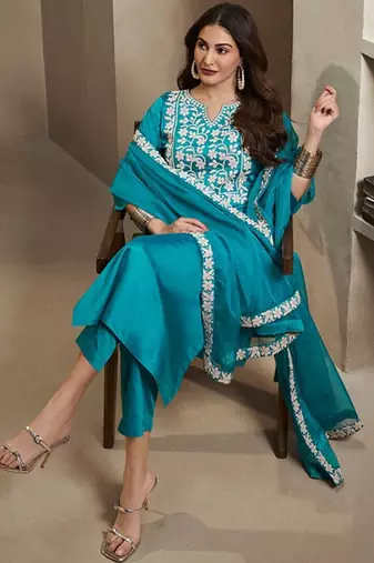 Blue embroidery silk blend kurta with pant and dupatta
