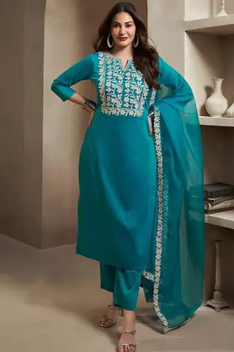 Blue embroidery silk blend kurta with pant and dupatta