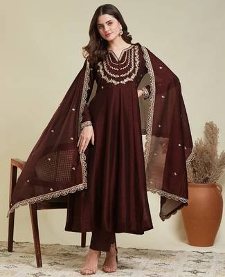 Coffee embroidery vichitra silk kurta with pant and dupatta 1