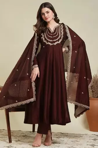 Coffee embroidery vichitra silk kurta with pant and dupatta