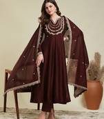 Coffee embroidery vichitra silk kurta with pant and dupatta