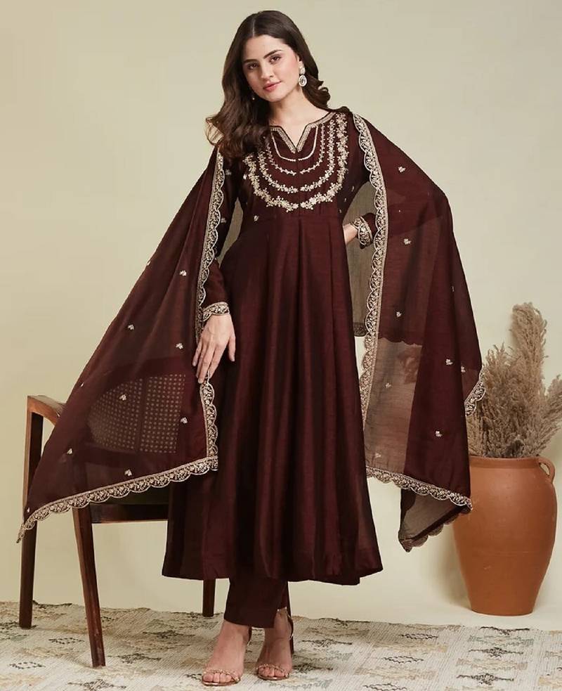 Coffee embroidery vichitra silk kurta with pant and dupatta