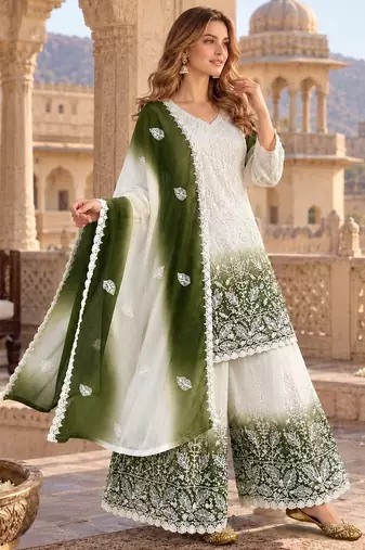 White & green faux georgette readymade suit with embroidery & diamond work