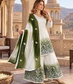 White & green faux georgette readymade suit with embroidery & diamond work