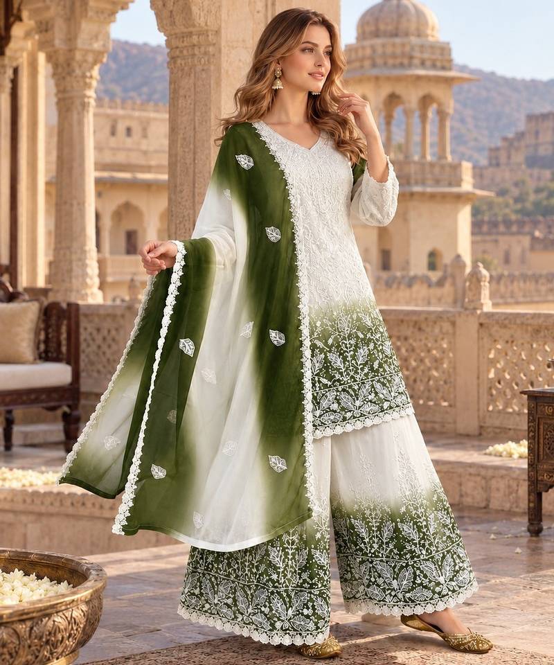 White & green faux georgette readymade suit with embroidery & diamond work