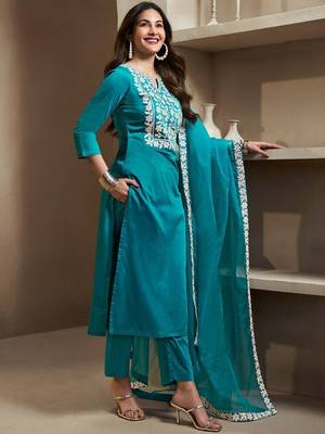 Blue embroidery silk blend kurta with pant and dupatta 3