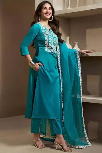 Blue embroidery silk blend kurta with pant and dupatta