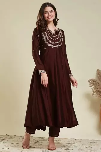 Coffee embroidery vichitra silk kurta with pant and dupatta