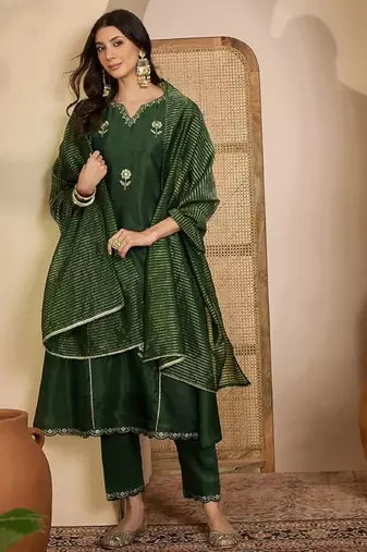 Green embroidery shimmer silk kurta with pant and dupatta