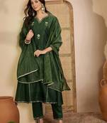 Green embroidery shimmer silk kurta with pant and dupatta