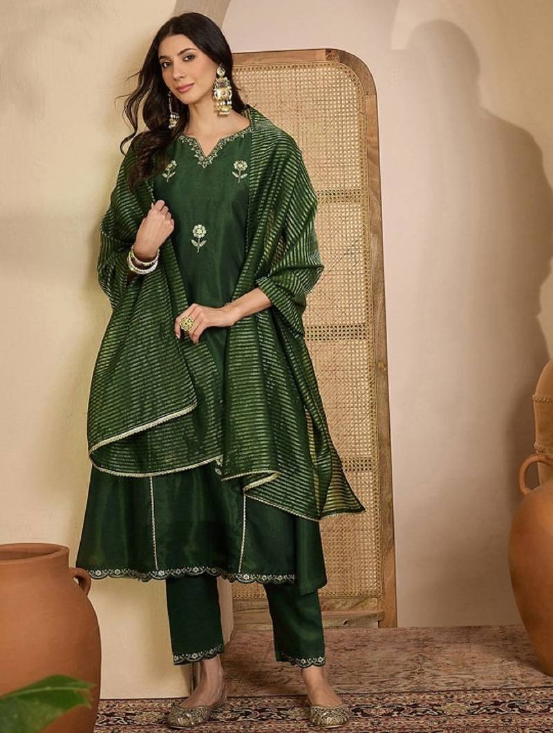 Green embroidery shimmer silk kurta with pant and dupatta