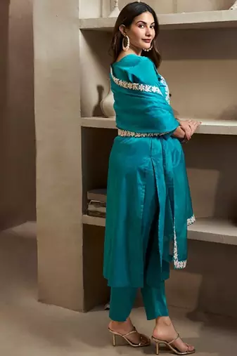 Blue embroidery silk blend kurta with pant and dupatta