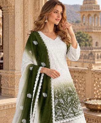 White & green faux georgette readymade suit with embroidery & diamond work 2