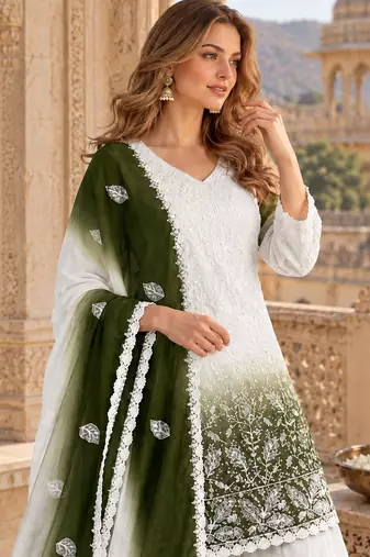 White & green faux georgette readymade suit with embroidery & diamond work