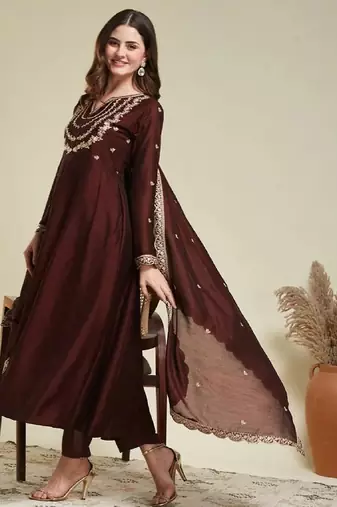 Coffee embroidery vichitra silk kurta with pant and dupatta