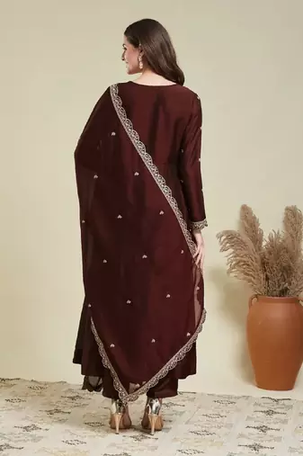 Coffee embroidery vichitra silk kurta with pant and dupatta