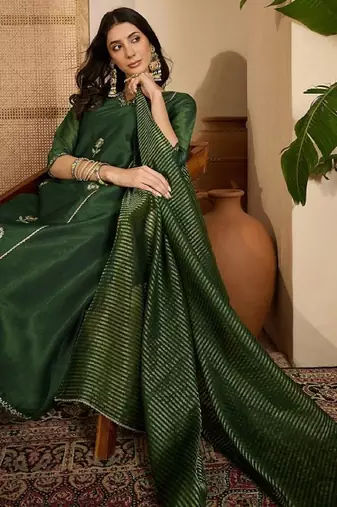 Green embroidery shimmer silk kurta with pant and dupatta