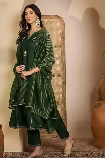 Green embroidery shimmer silk kurta with pant and dupatta
