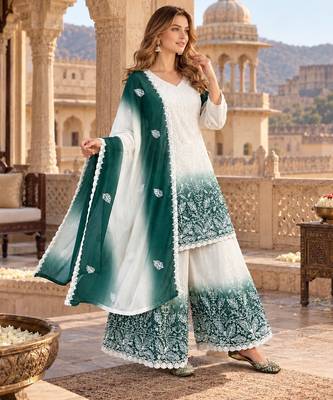 White & teal  faux georgette readymade suit with embroidery & diamond work 1