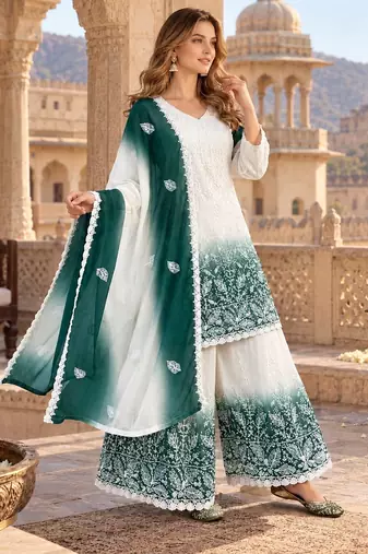 White & teal  faux georgette readymade suit with embroidery & diamond work