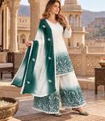 White & teal  faux georgette readymade suit with embroidery & diamond work