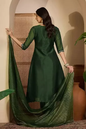 Green embroidery shimmer silk kurta with pant and dupatta