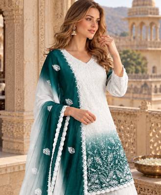 White & teal  faux georgette readymade suit with embroidery & diamond work 2