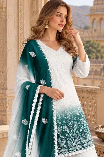 White & teal  faux georgette readymade suit with embroidery & diamond work