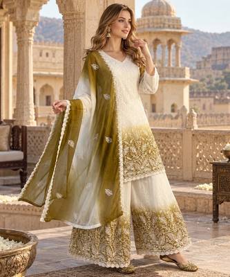 White & mustard faux georgett readymade suit with embroidery & diamond work 1