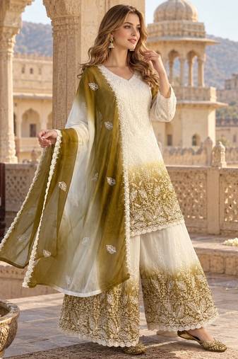 White & mustard faux georgett readymade suit with embroidery & diamond work