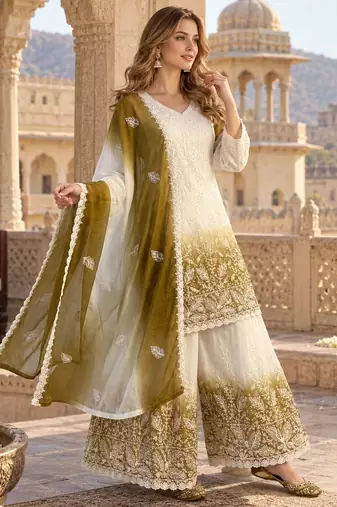 White & mustard faux georgett readymade suit with embroidery & diamond work