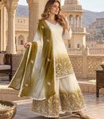 White & mustard faux georgett readymade suit with embroidery & diamond work