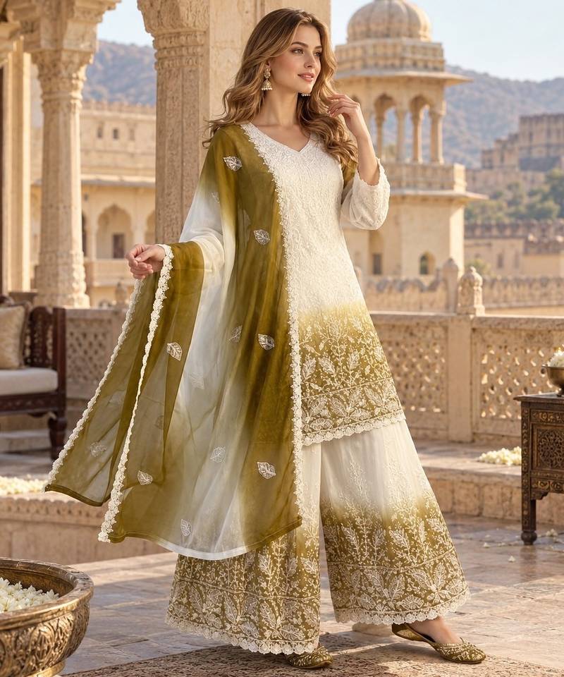 White & mustard faux georgett readymade suit with embroidery & diamond work