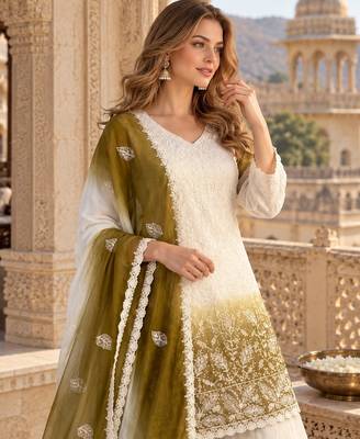 White & mustard faux georgett readymade suit with embroidery & diamond work 2